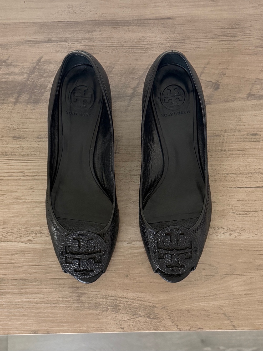 Tory Burch Women's Black Tumbled Leather Open-Toe Wedge | Size 9